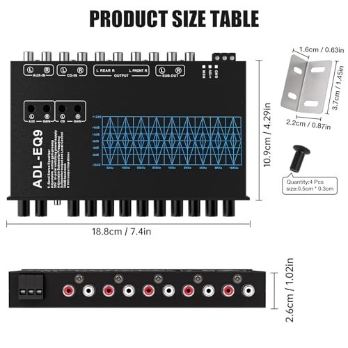 9 Band Car Audio Equalizer - Adjustable EQ with Front, Rear & Sub Outputs, 8V RM