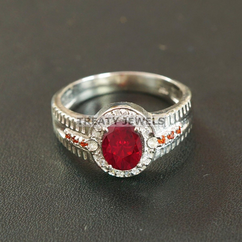 Ruby Oval Cut With 14K Solid White Gold Ring For Men's #B522
