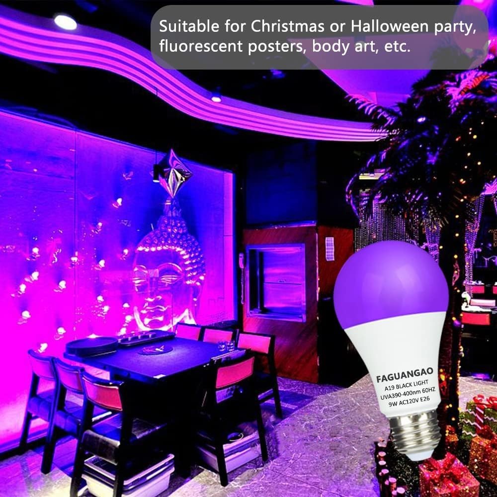 9W UV LED Black Light Bulb E26 A19 120V For Party Fluorescent Posters 4 Pack