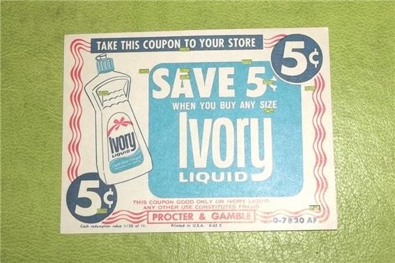 1965 IVORY LIQUID DETERGENT ANY SIZE SAVE 5¢ VALUABLE COUPON PROCTER & GAMBLE