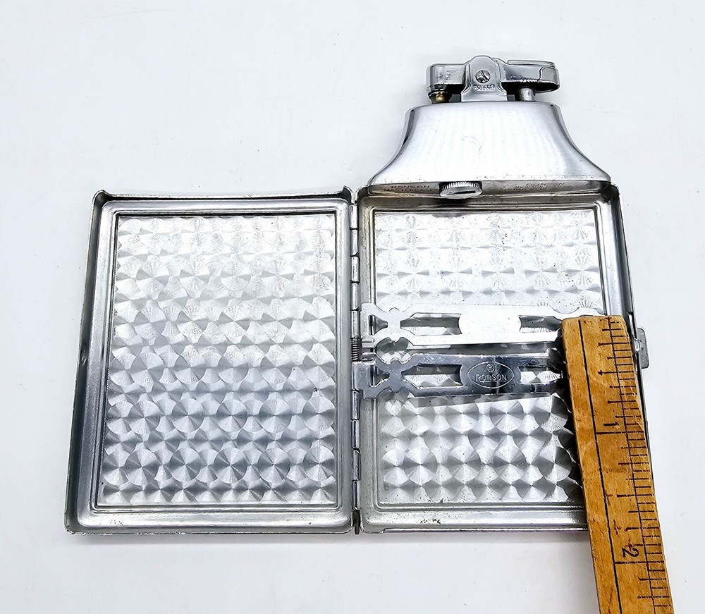 Ronson Cigarette Lighter & Case Combo w Pouch Art Deco Chrome Plated Mastercase