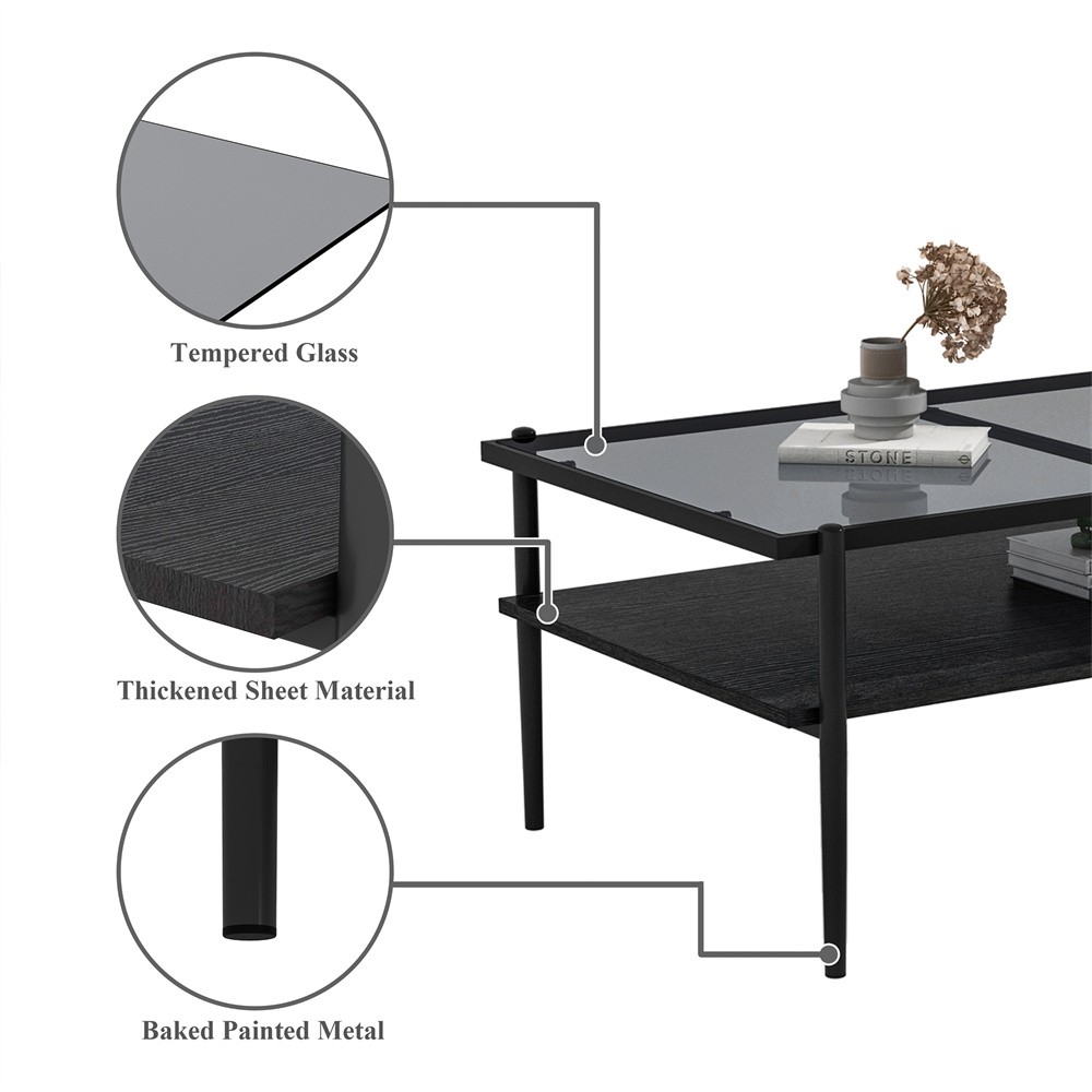 Bilayer Gray Tempered Glass Coffee Table Rectangular Home Deco Storage Shelf
