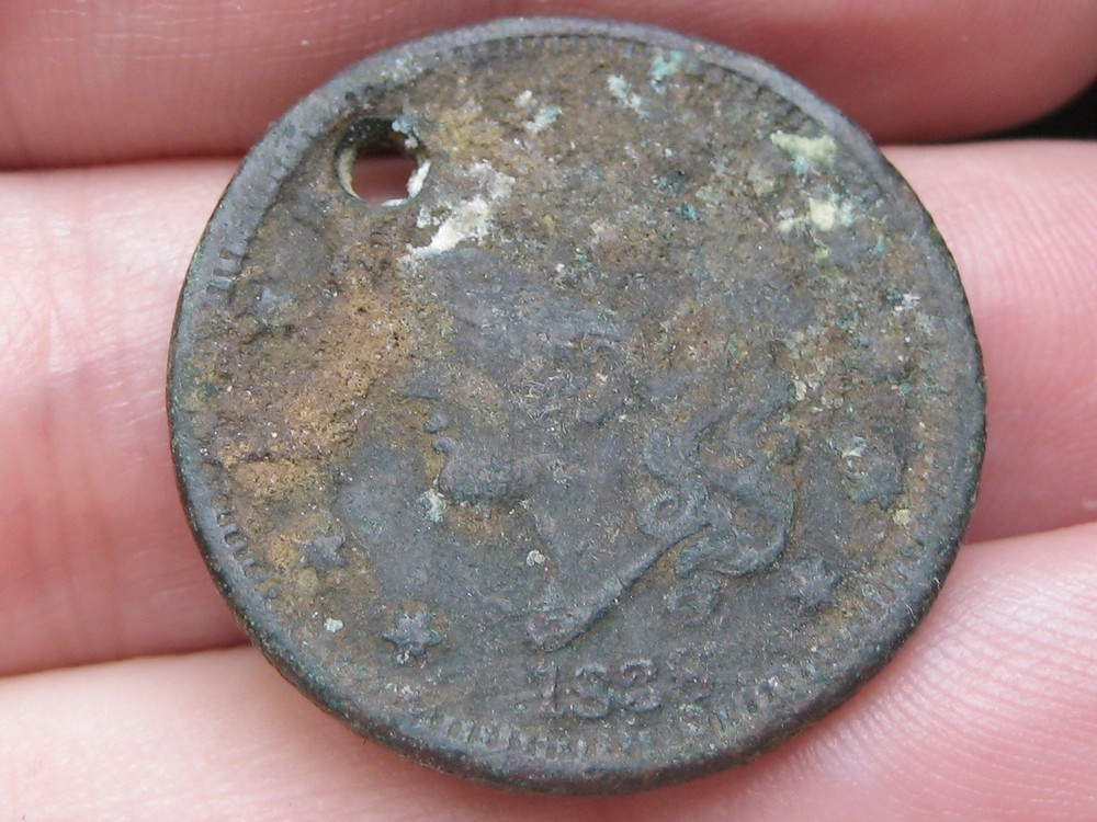 1838 Matron Head Modified Large Cent Penny- Holed, Crusty, Shipwreck Effect