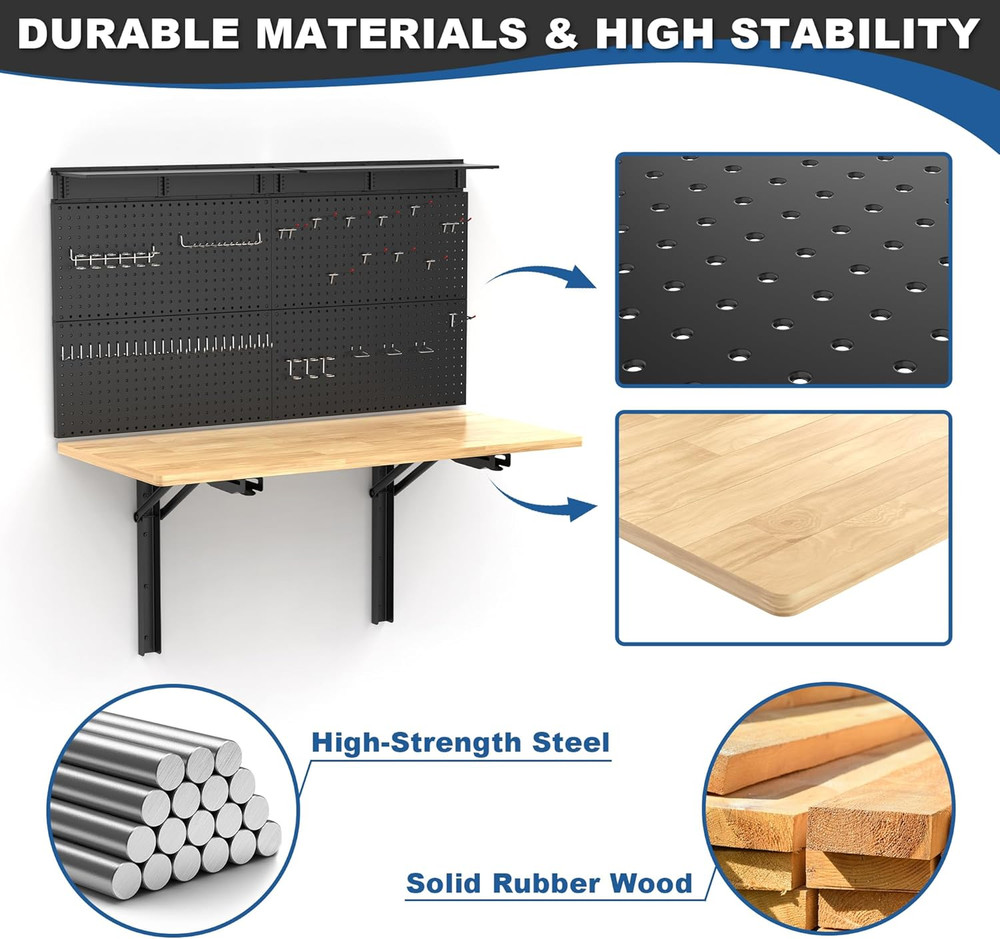Wall Mounted Workbench with Pegboard, Folding down Work Table Metal Pegboard Wal