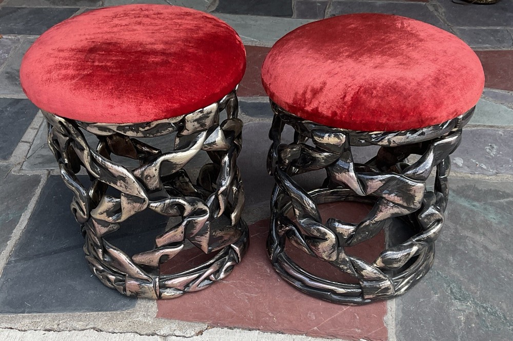1970'S Pair DUQUETTE STYLE SILVER LEAF RIBBON RESIN STOOLS