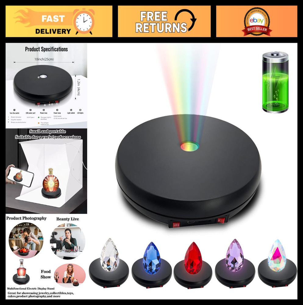 Motorized 360° Rotating Display Stand with LED Light - 10" Turntable, 55lbs Load