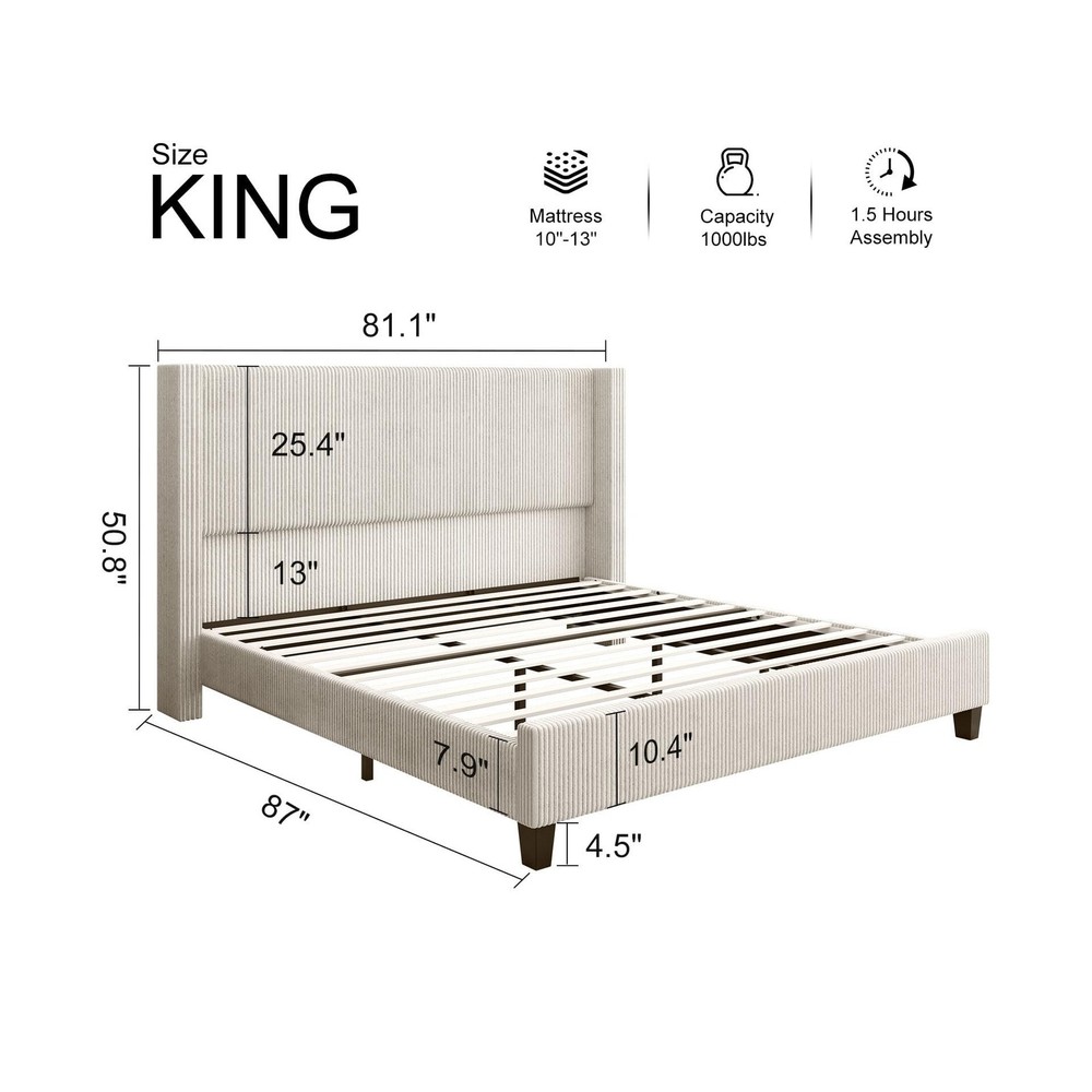 HOWE King Size Upholstered Platform Bed Frame, Wingback Bed with 50.8" Headbo...