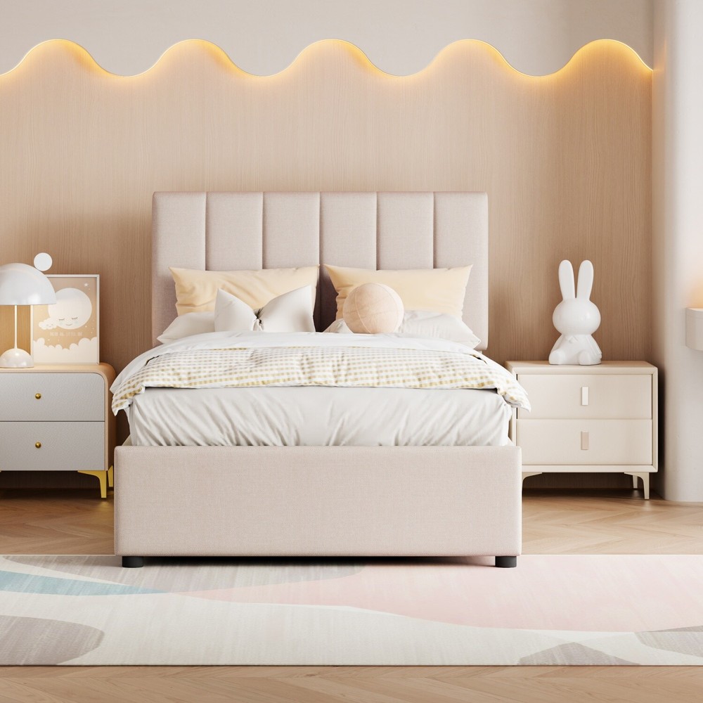 Twin Size Linen Upholstered Platform Bed with Hydraulic Storage System Beige