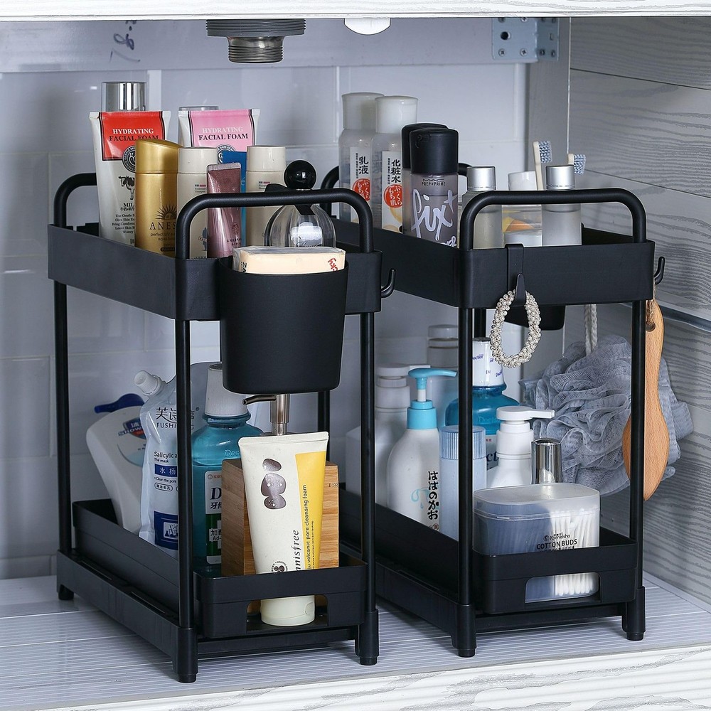 2 Pack Double-Layer Under Sink Organizer for Efficiently Utilizing Space, Hig...
