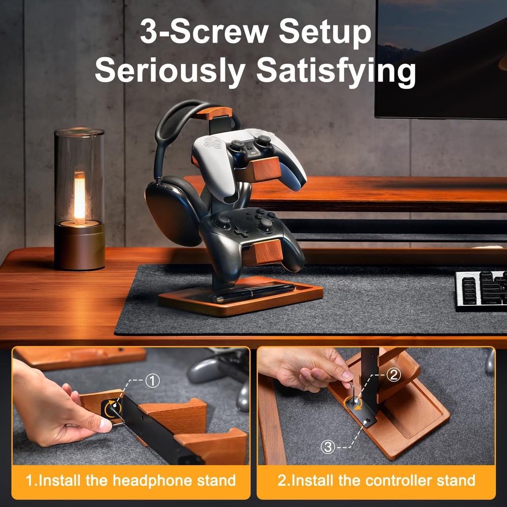 Solid Wood Controller Holder and Headphone Stand, Gaming Controller Stand for...