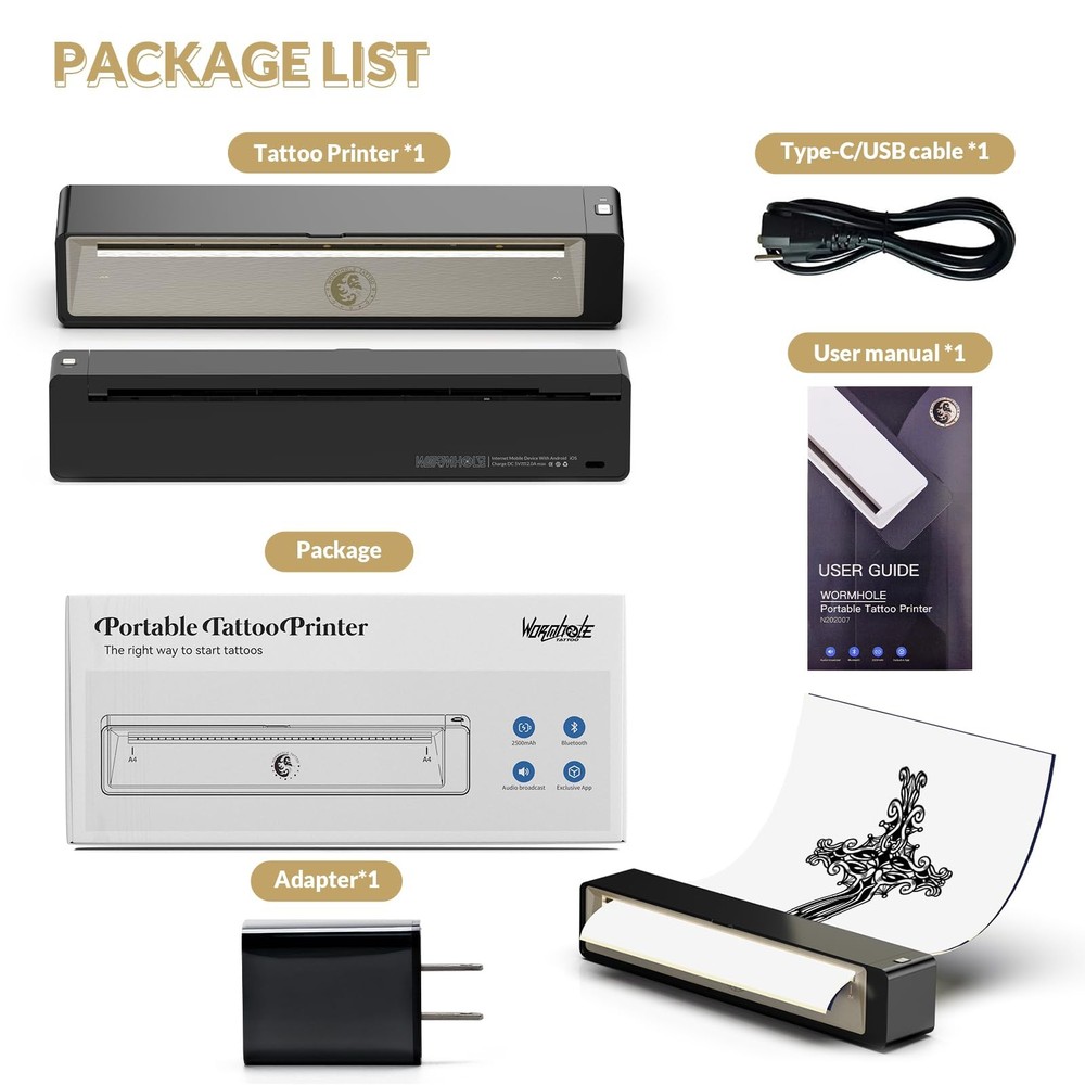 Wormhole Tattoo Stencil Printer, Wireless Bluetooth Printer with black