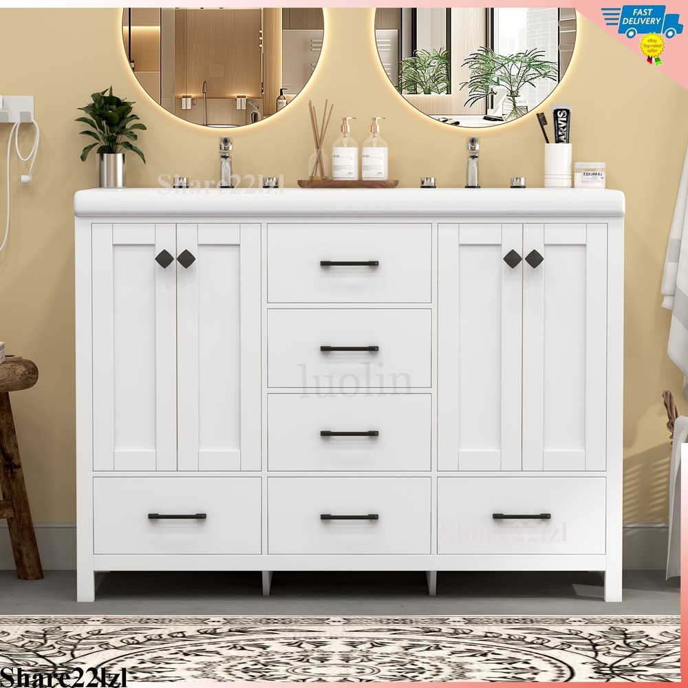 47" Bathroom Vanity Storage Cabinet with Double Ceramic Sink White Freestanding