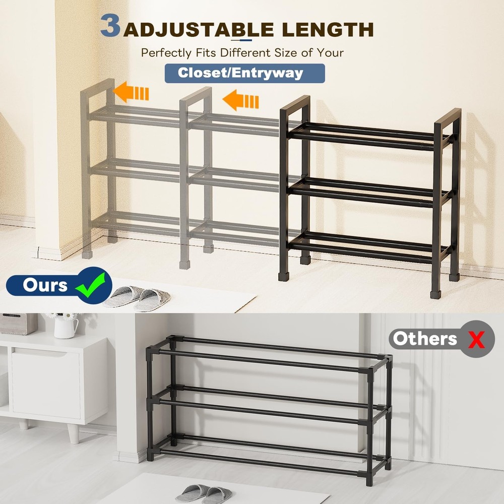 Mavivegue 19“- 43” Adjustable Shoe Rack, 3 Adjustable Length, 3 Tier