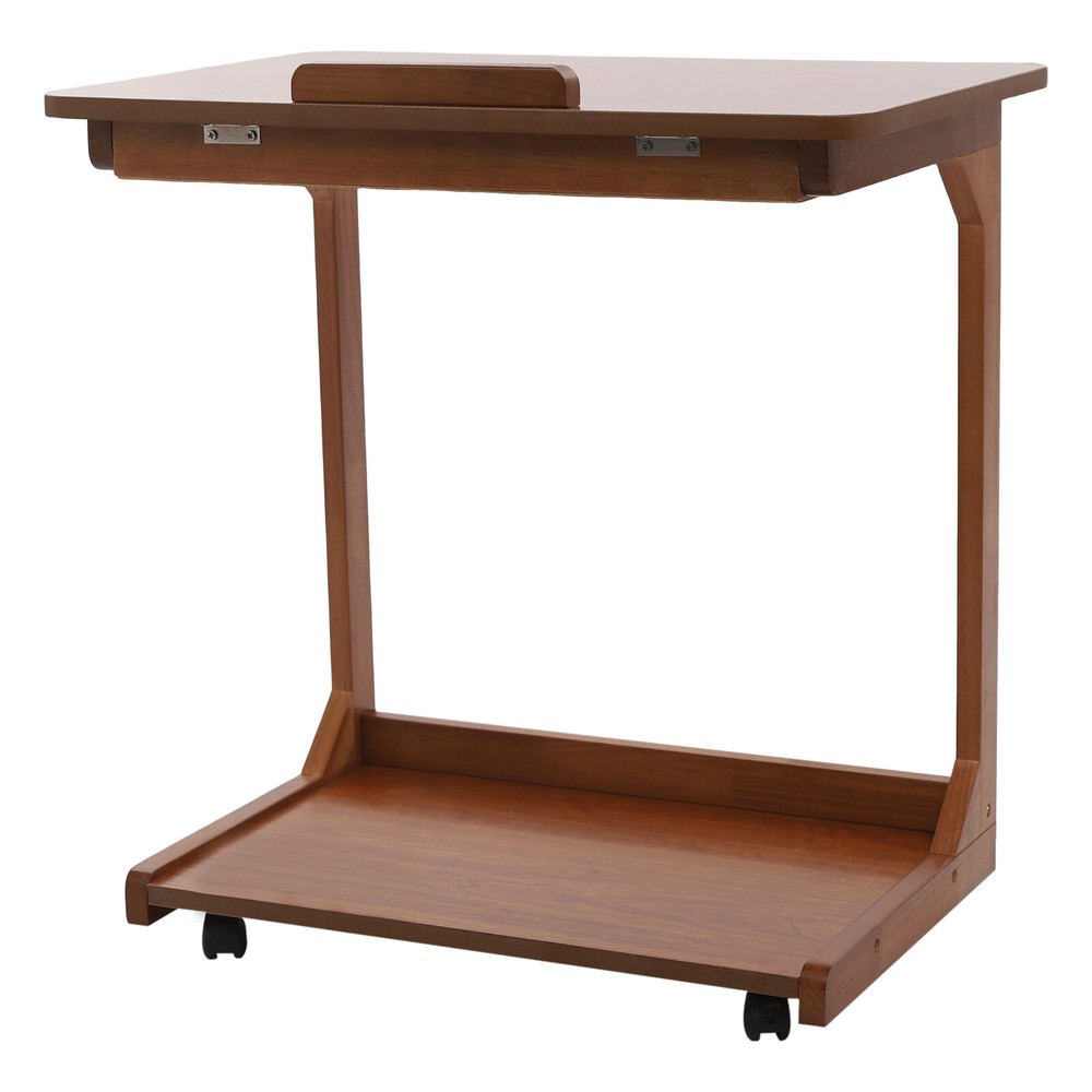 2-tier Walnut-Colored Adjustable Angle C-Shaped End Table With 4-Wheels 55.12lbs