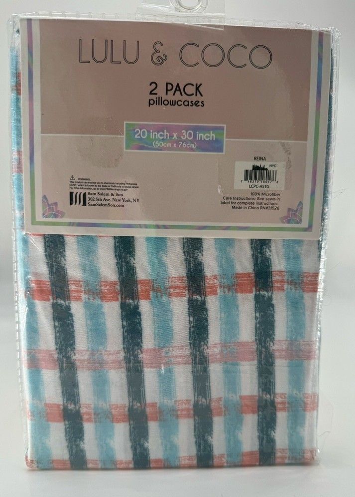 Pillowcases Lulu & Coco 2pc Reina Pattern 20” X 30” Microfiber NEW Plaid Bars
