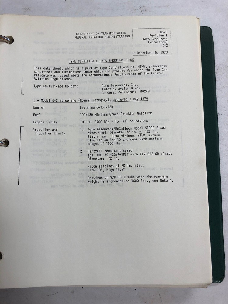 FAA Rotorcraft Gliders /Balloons Type Certificate Data Sheets/Specifications1977