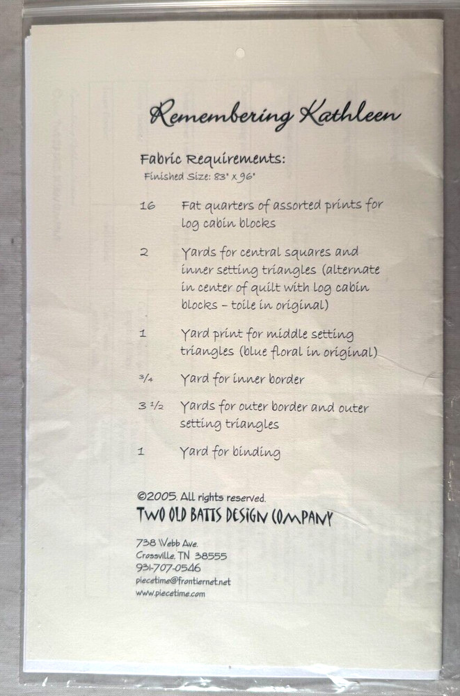 Remembering Kathleen - Two Old Batts Design Company - Pattern Only