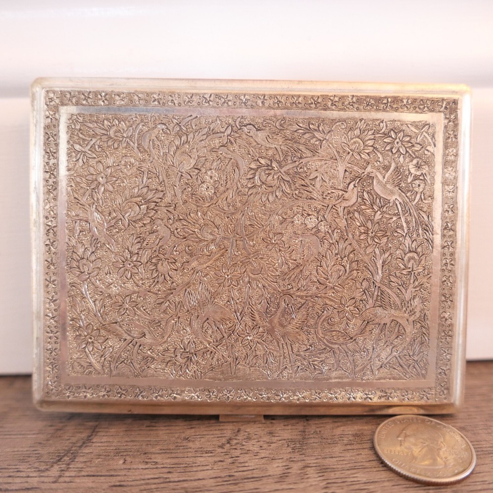 Antique Khosrow 84 Solid Silver Persian Chased Relief Scene Cigarette Case !!!