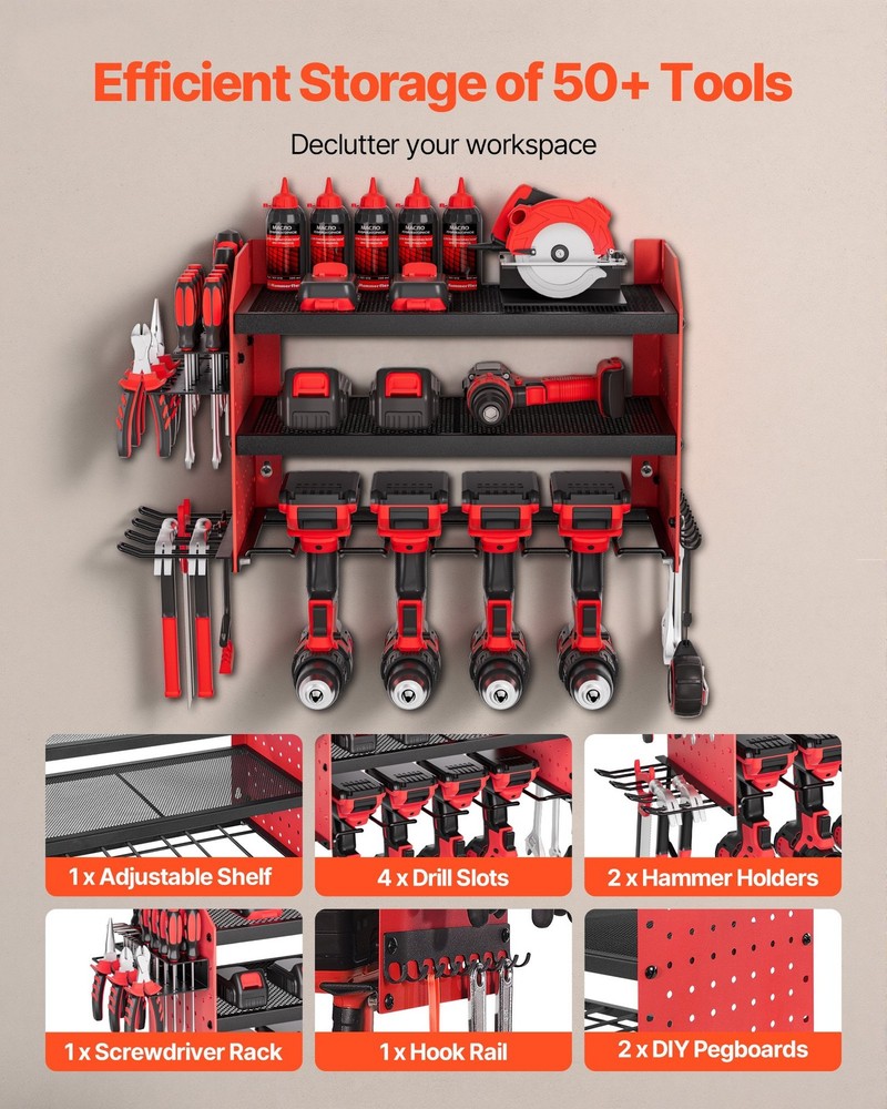 VEVOR Power Tool Organizer Wall Mount,3-Layer Storage Rack w/4 Drill Holders,Too