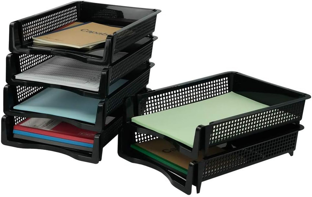 6-Pack Black Plastic Stackable Paper Tray/Basket, Stackable Office Lletter Organ