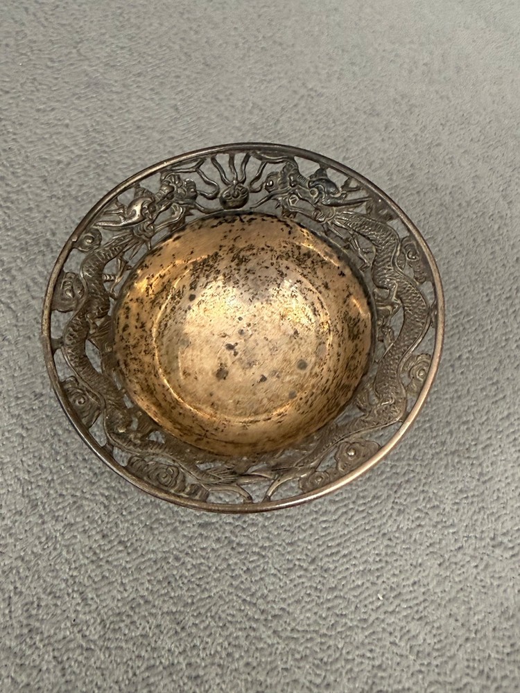 ANTIQUE CHINESE SILVER DISH - DRAGON & CLOUD DESIGN - CHARACTER MARKS TO BASE