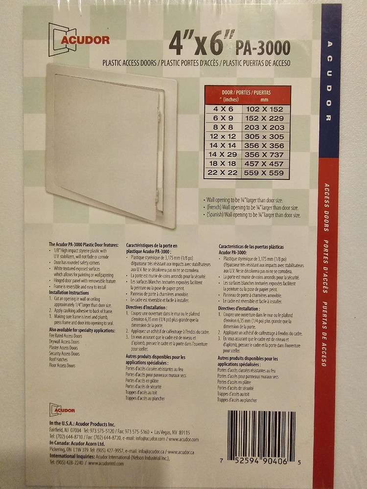 Acudor PA-3000 Universal Flush Access Door (Plastic)