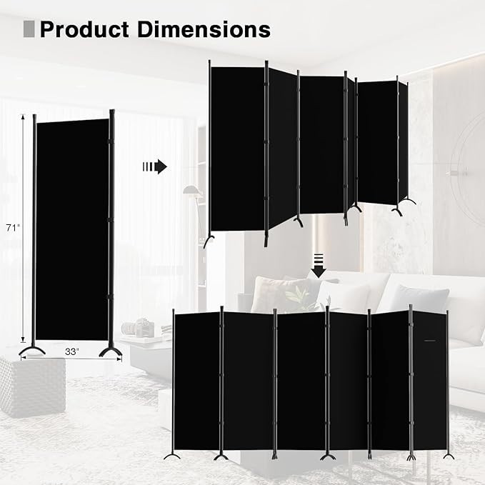 6-Panel Folding Room Divider 6FT Rolling Privacy Screen /Black