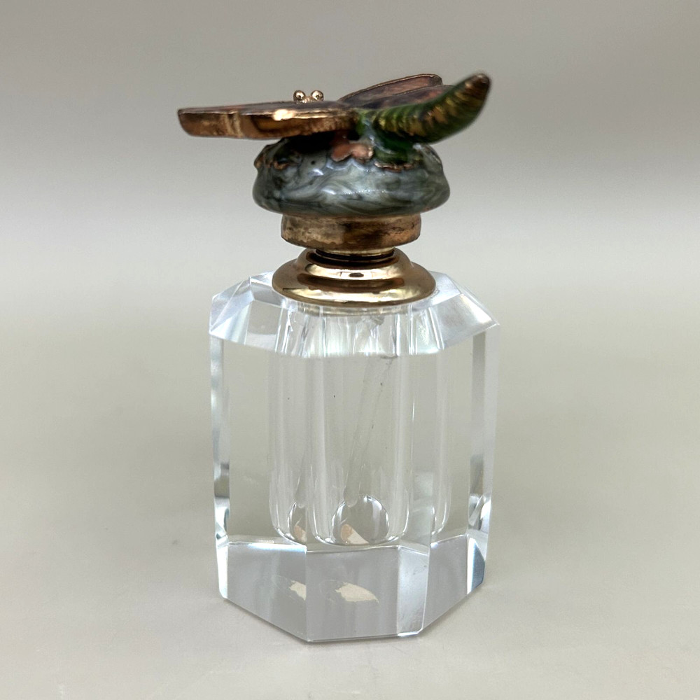 Crystal Perfume Bottle With Enamel Dragonfly Stopper Empty