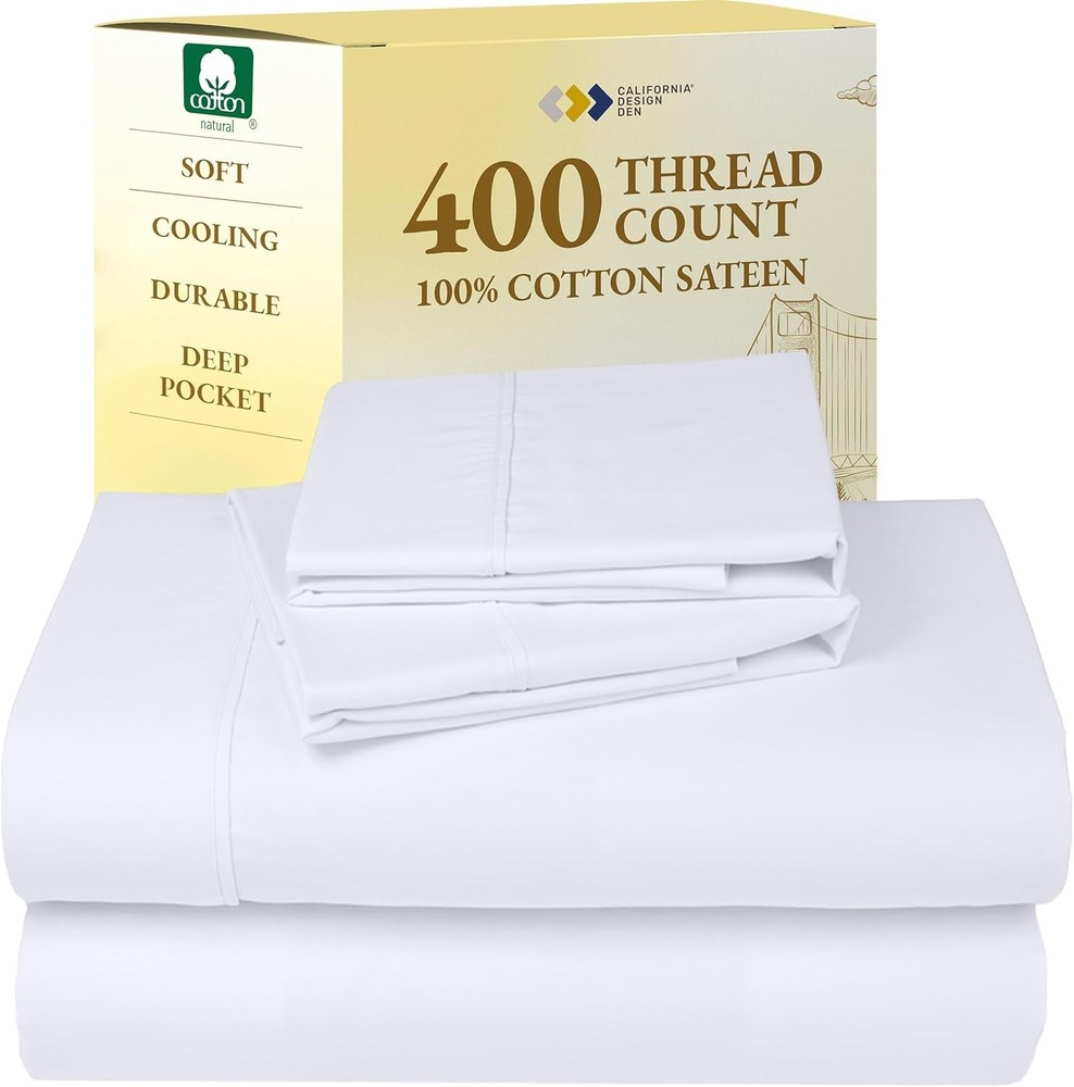 Natural 100% Cotton Sheets Queen Size Bed Set - Soft 400 Thread Count Sateen,...