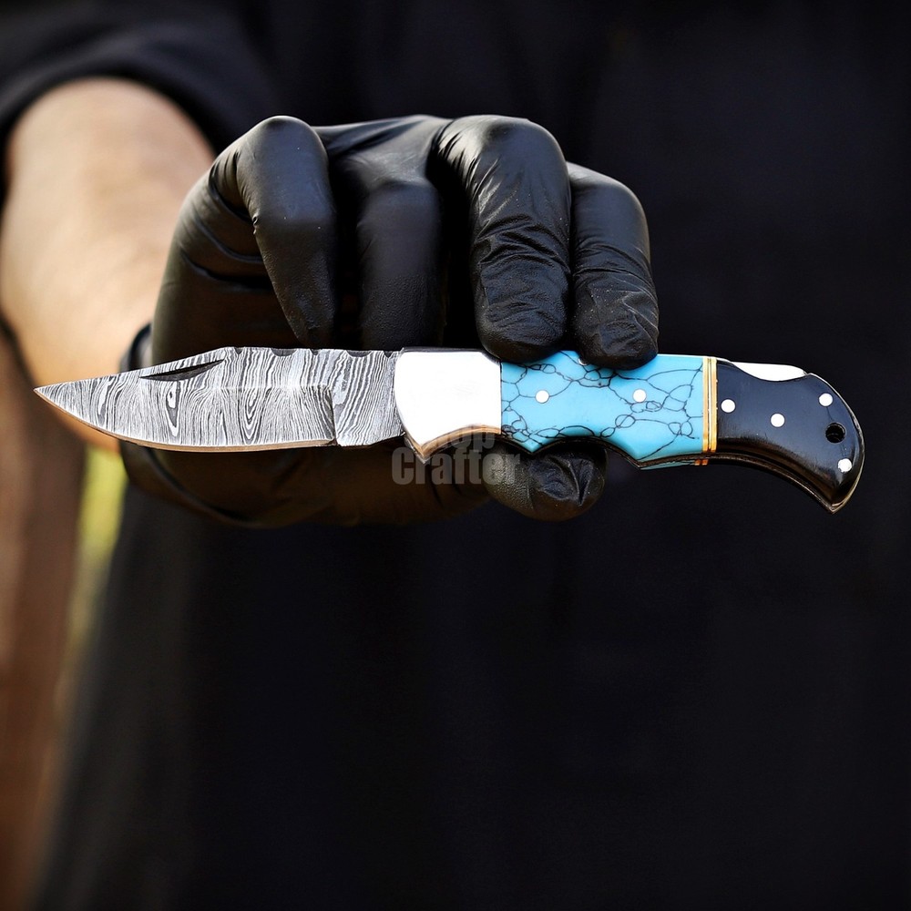 Handmade Damascus Folding Knife, Turquoise Stone Handle Leather Sheath Sharpner.