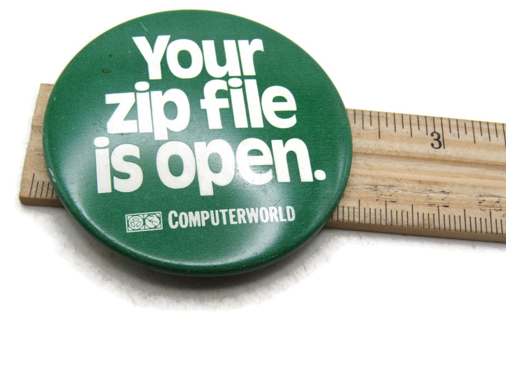 Vintage Computerworld Pinback Button 'Your Zip File Is Open' Retro Tech Humor