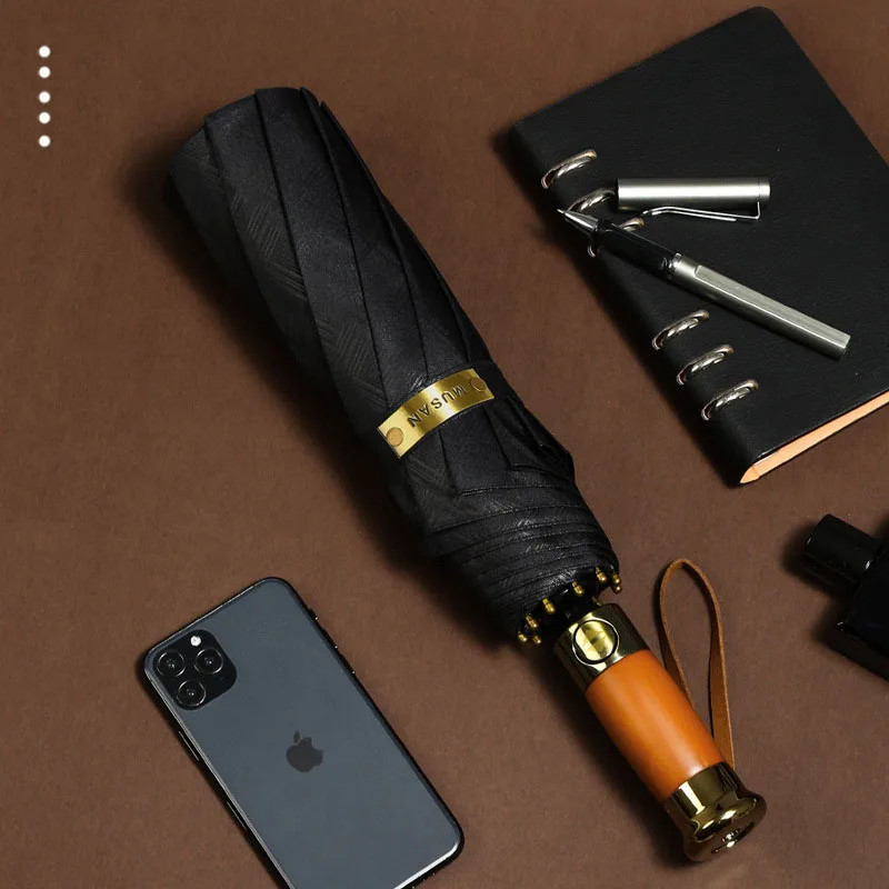 Triple fold fully automatic 10 bone grid pattern umbrella, automatic wooden hand