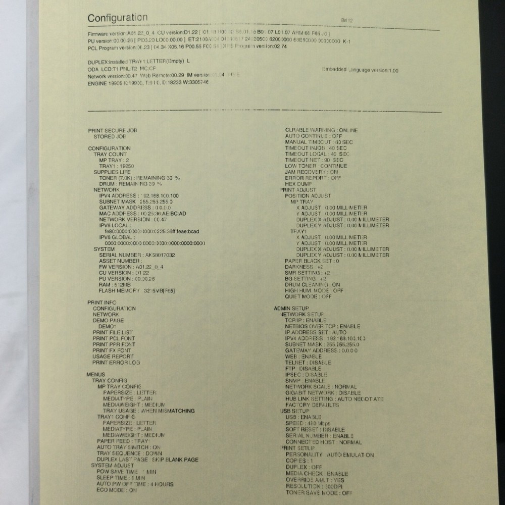 Oki B412 N22500A Networkable Duplex Monochrome Laser Printer W/ Cord