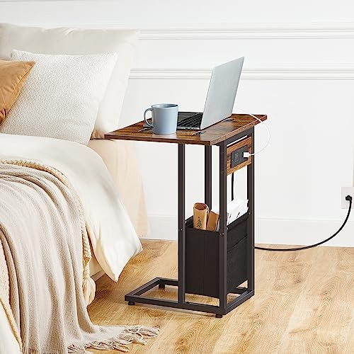 C Shaped Side Table with Charging Station, Foldable End Table with Fabric