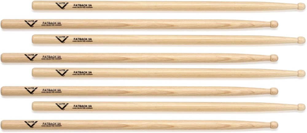 Vater Hickory Drumsticks - Fatback 3A, 4 pairs (2-pack) Bundle