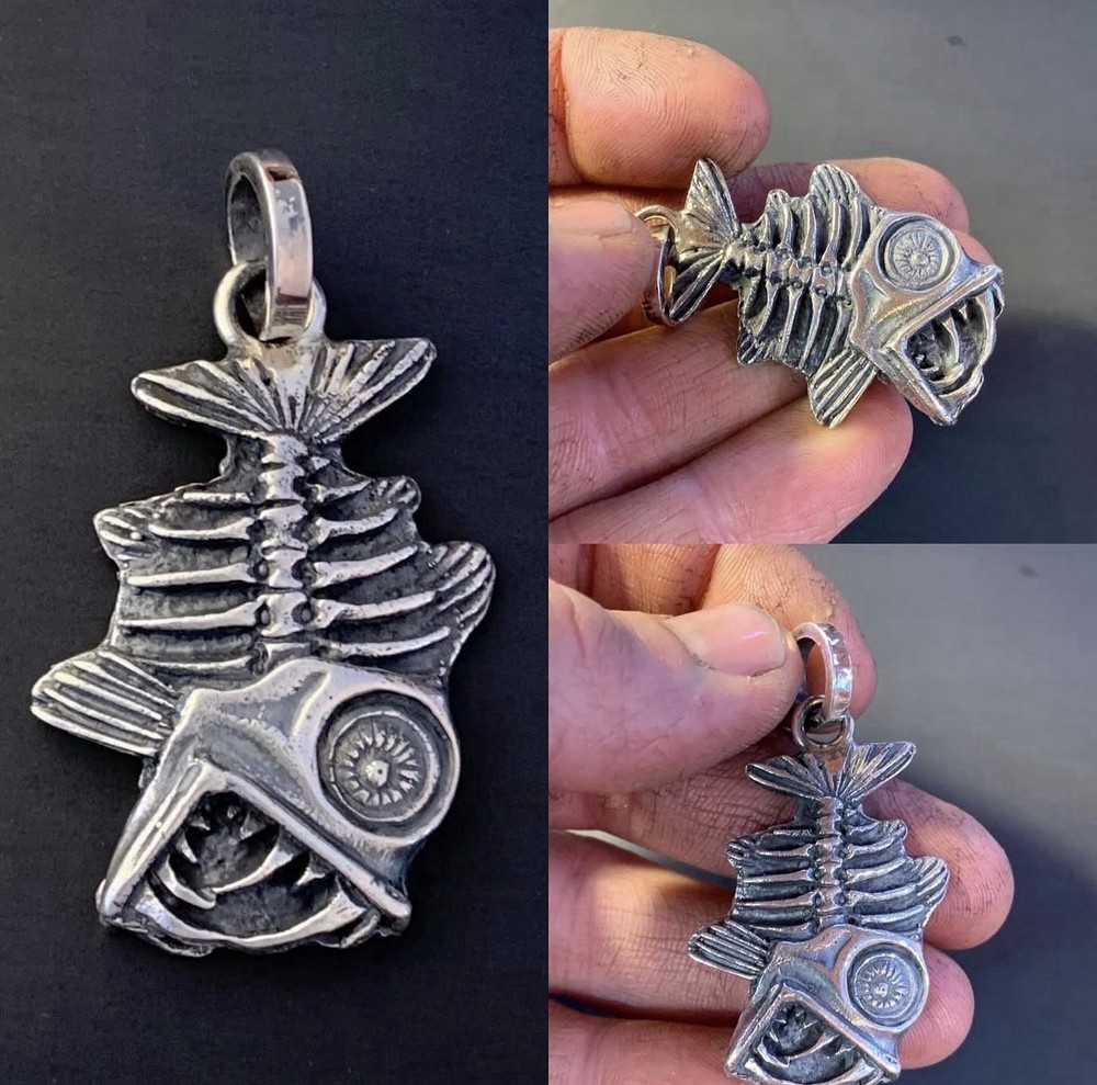 Handmade Fish Hook Skull Pendant Sterling Silver