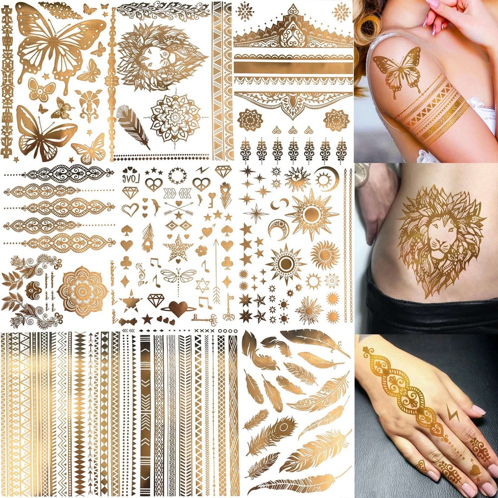 Bilizar 9 Sheets 110+ Designs Flash Gold Temporary Tattoos Large,