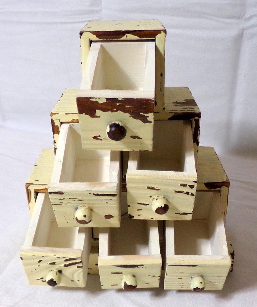 Folk Art Chippy White Paint Wood Storage Stacked Cube Sewing Box