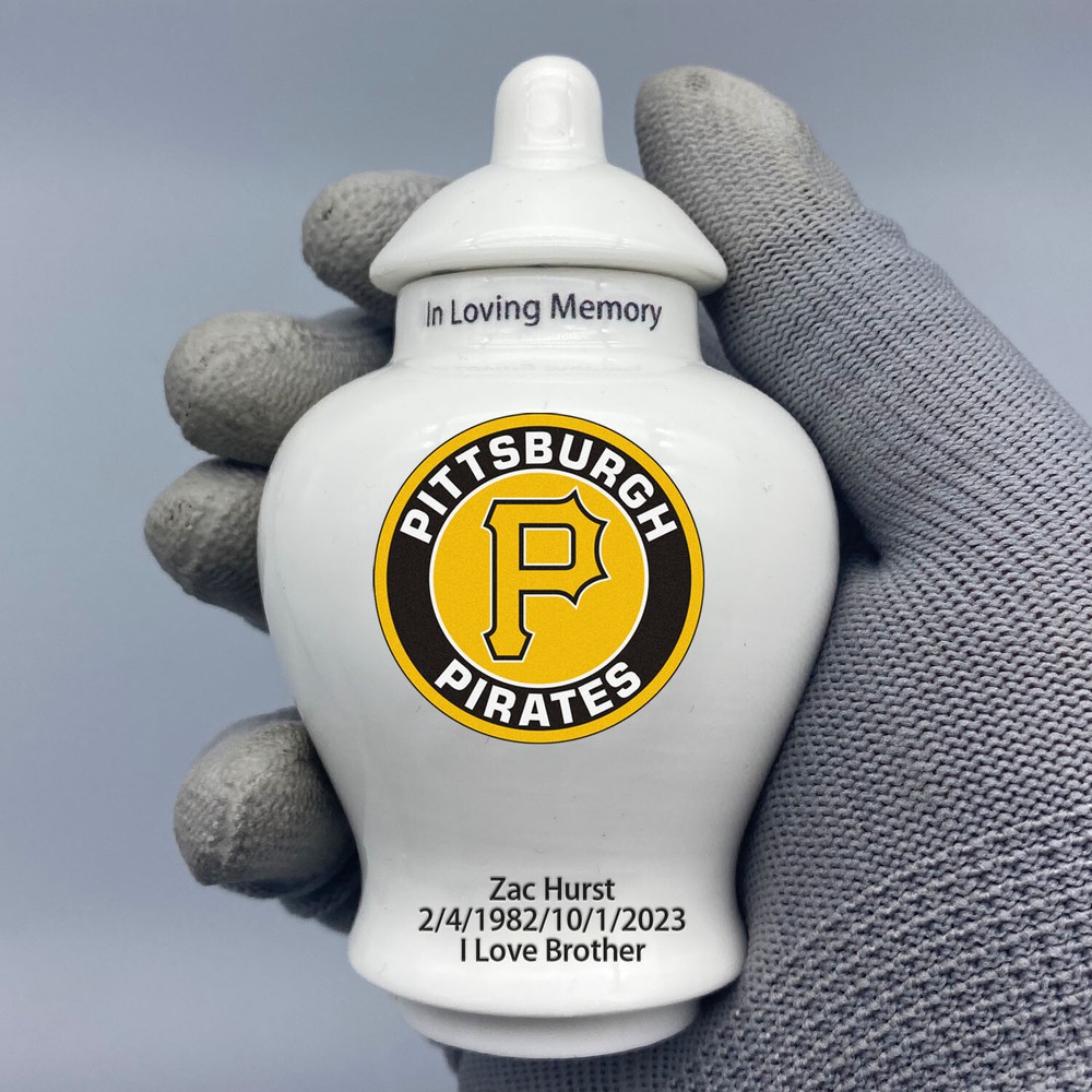 Ceramic Mini Urn for Pittsburgh Pirates Baseball Theme, Custom Text & Number