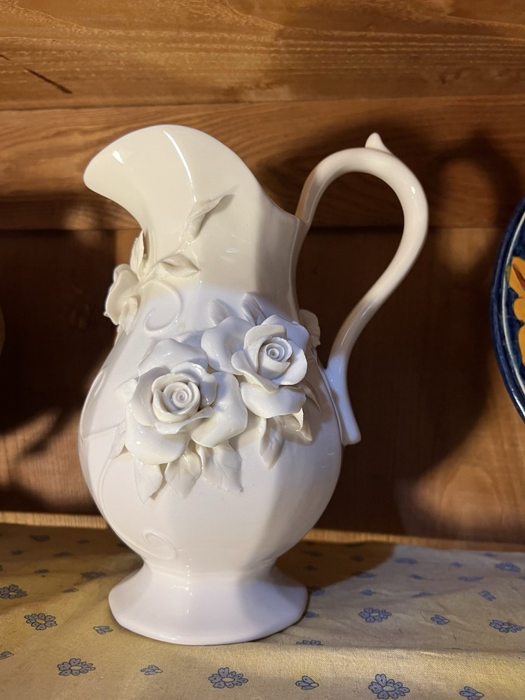 Pitcher Porcelain White W/ Rose Artwork