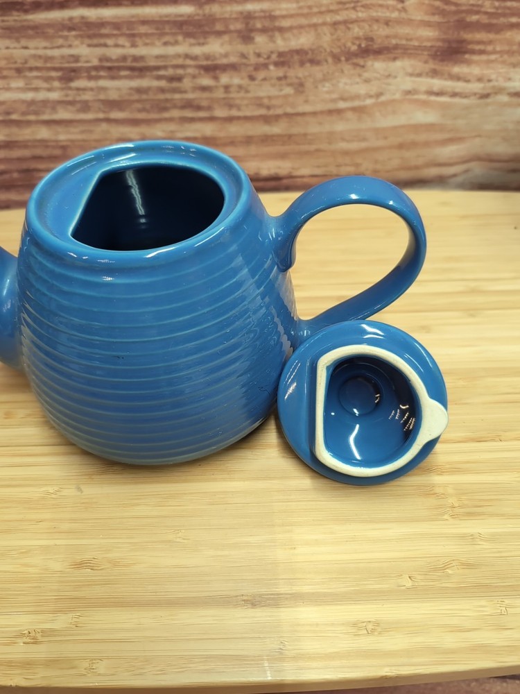 BLUE Rayware Teapot Ribbed Ceramic Pottery