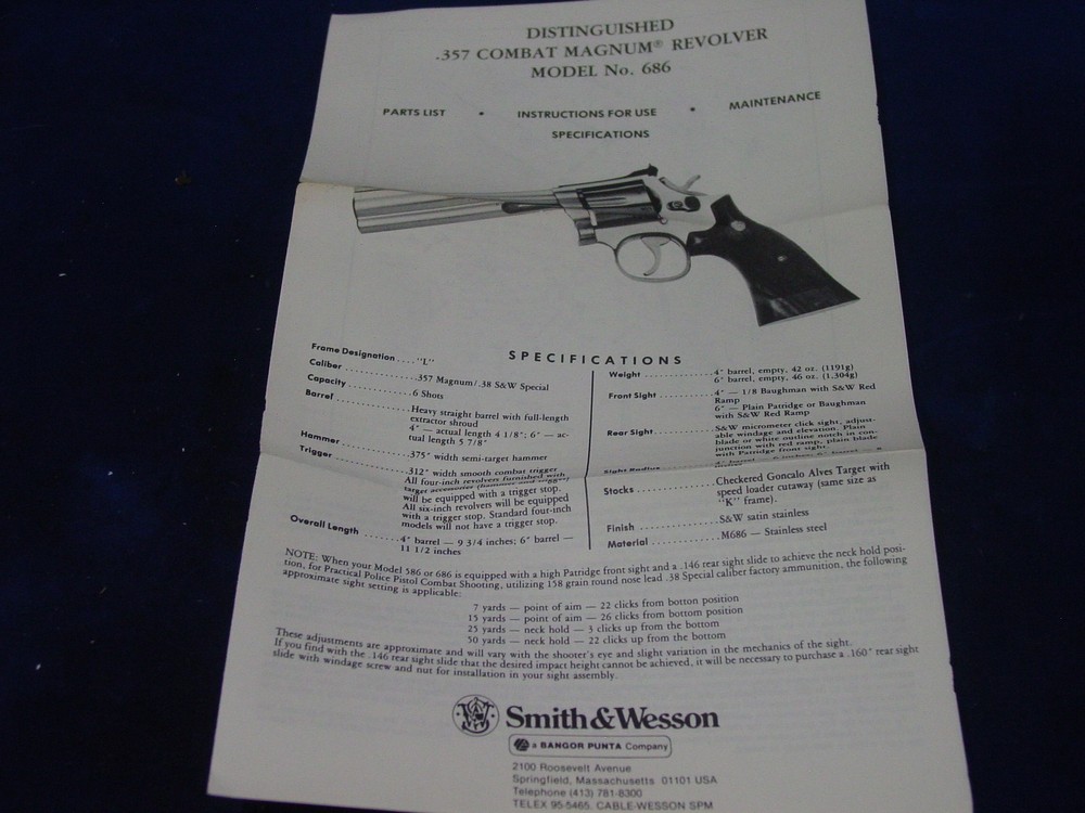 Original SMITH & WESSON MODEL NO. 686 DISTINGUISHED .357 COMBAT MAGNUM MANUAL