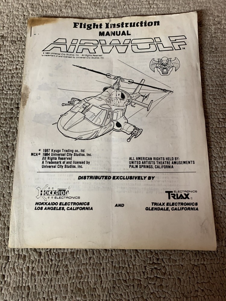 Original Air Wolf Arcade video game Manual
