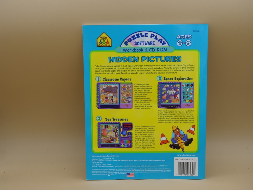 School Zone Interactive Puzzle Play Software Workbook+CD-ROM Hidden Pictures 6-8