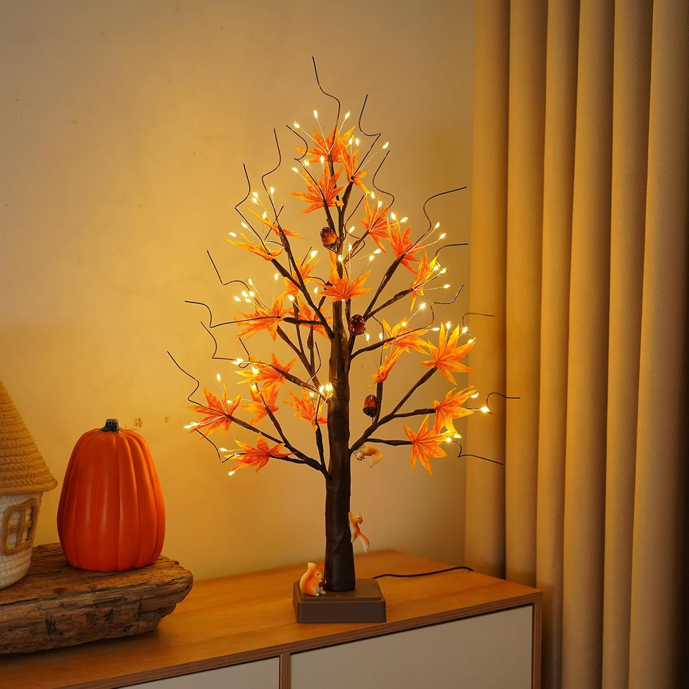 24” 72 LED Fall Decorations for Home, Birch Tree Lighted Fall Maple Leaves Artif