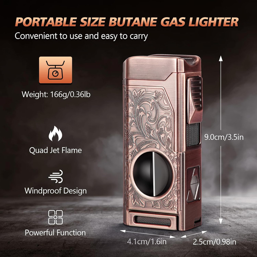 Torch Lighter, Cigar Lighter 4 Jet Flame, Refillable Butane Lighter with Cigar C