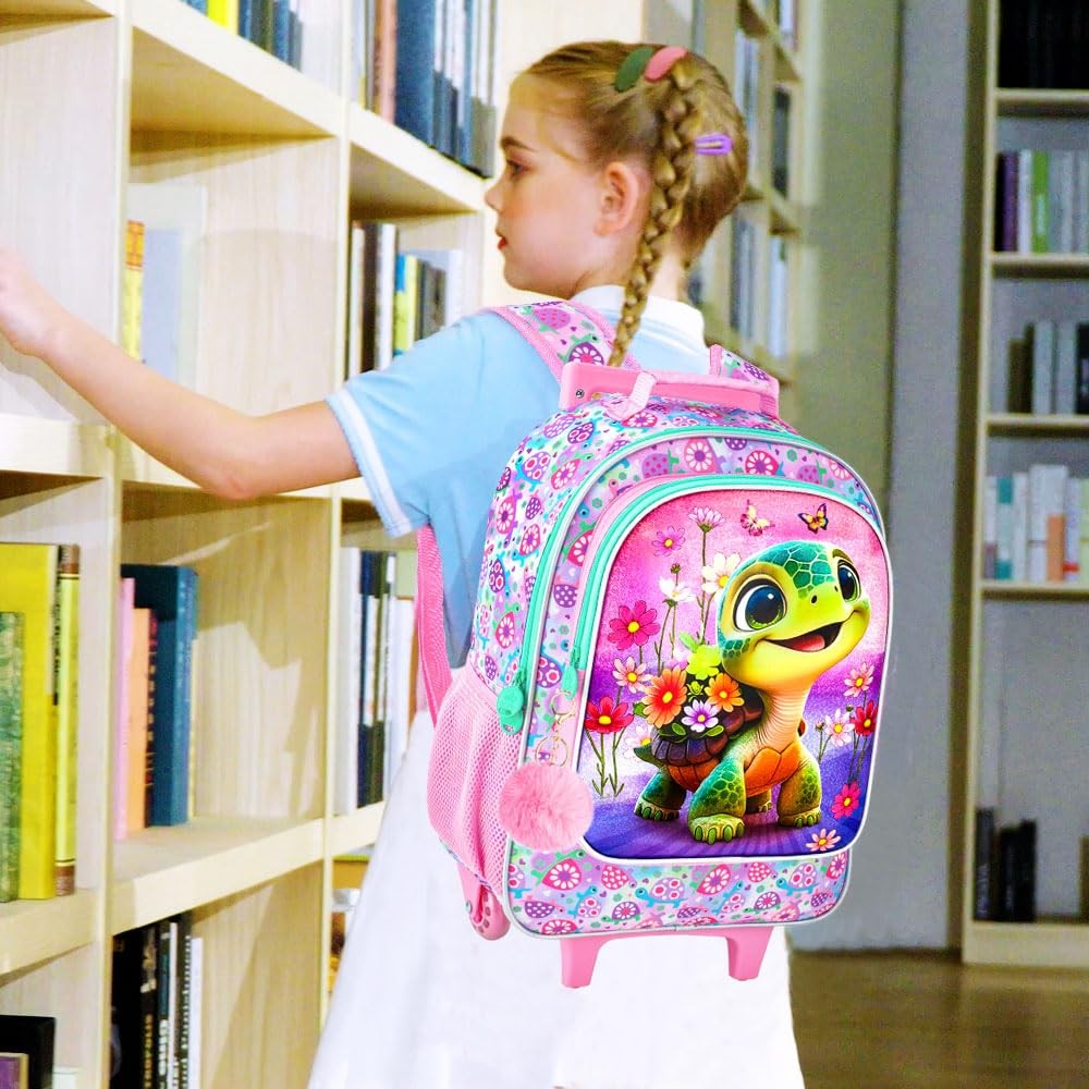3 PCS Turtle Kids Rolling Backpack Roller Wheels Girls Elementary School Bag