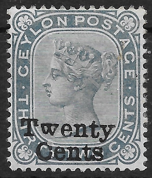 CEYLON SG166 1885 20c ON 32c SLATE MTD MINT