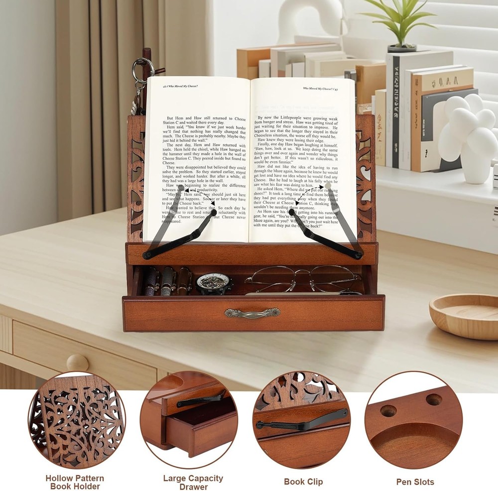Adjustable Wooden Book Stand with Storage - Multi-Function Hands Free Brown