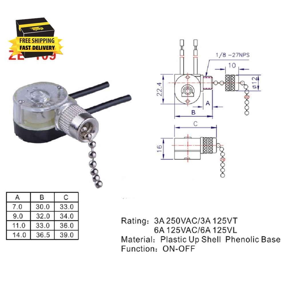 1 Pcs ZE-109 Ceiling Fan Light Pull Chain Switch, Two-Wire On-Off Speed Pull Cha